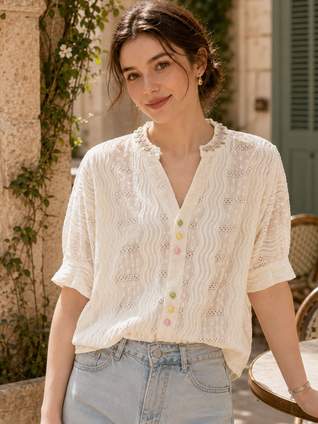 Mia Loose V-Neck Colorful Buttons Top
