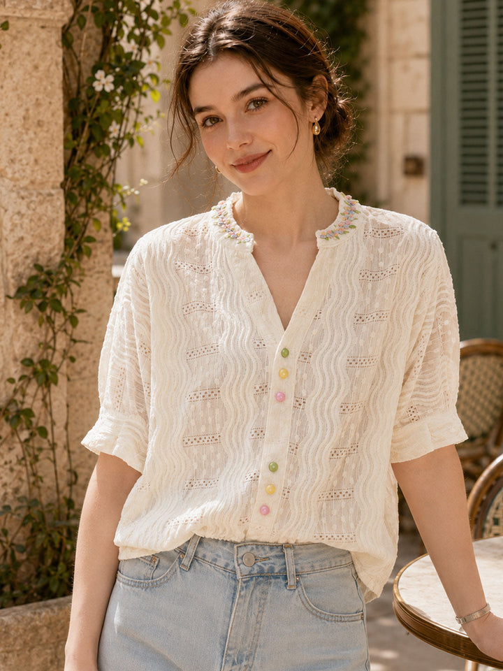 Mia Loose V-Neck Colorful Buttons Top