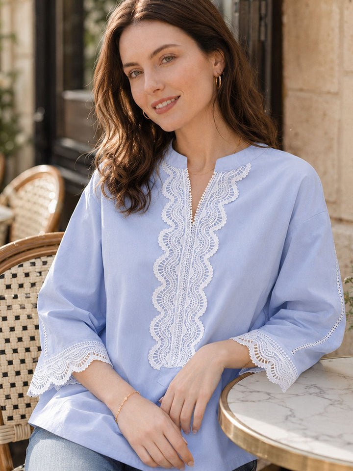 Emily Loose V-Neck Lace Trimmed Top