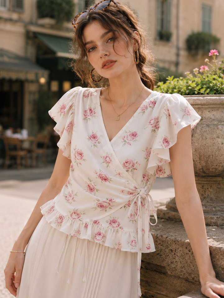 Emma Slim V-Neck Floral Tie Blouse