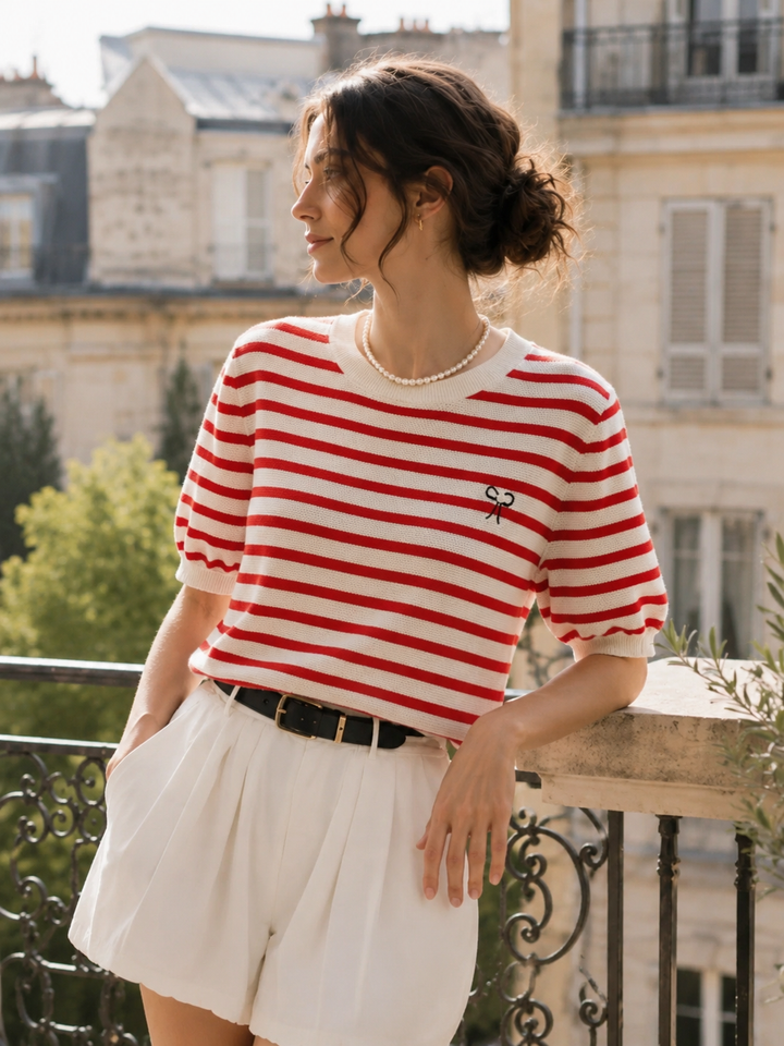 Grace Classic Crew Neck Striped Bow Beaded Knitted Top