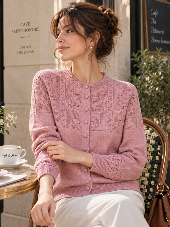Openwork Crochet Mock-neck Knit Cardigan