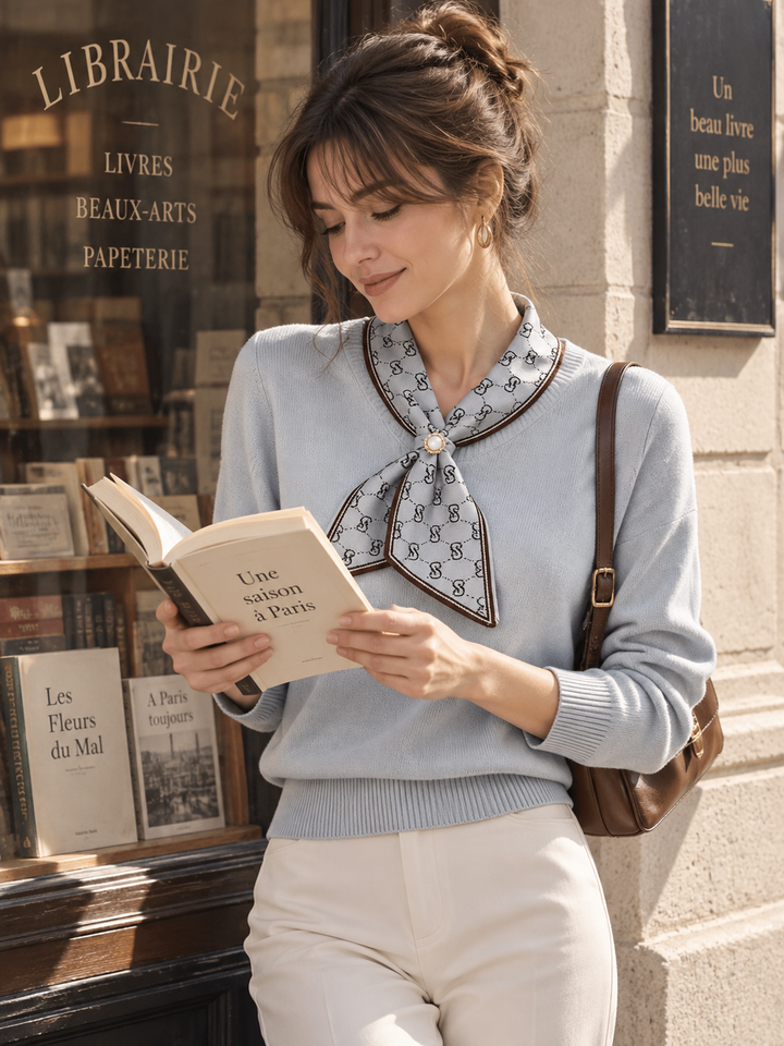 Andrea Loose Bow Scarf Collar Knitted Top