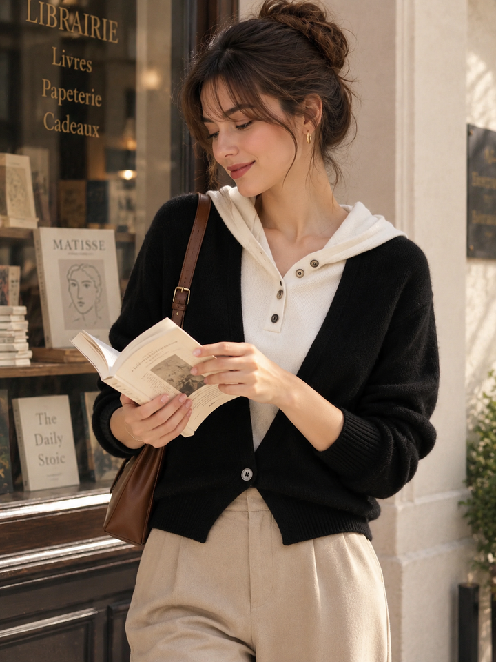 Ava Casual Hooded Knitted Sweater-Black