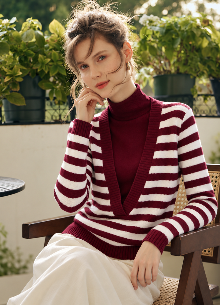 High-neck Striped Long-sleeve Knit Top