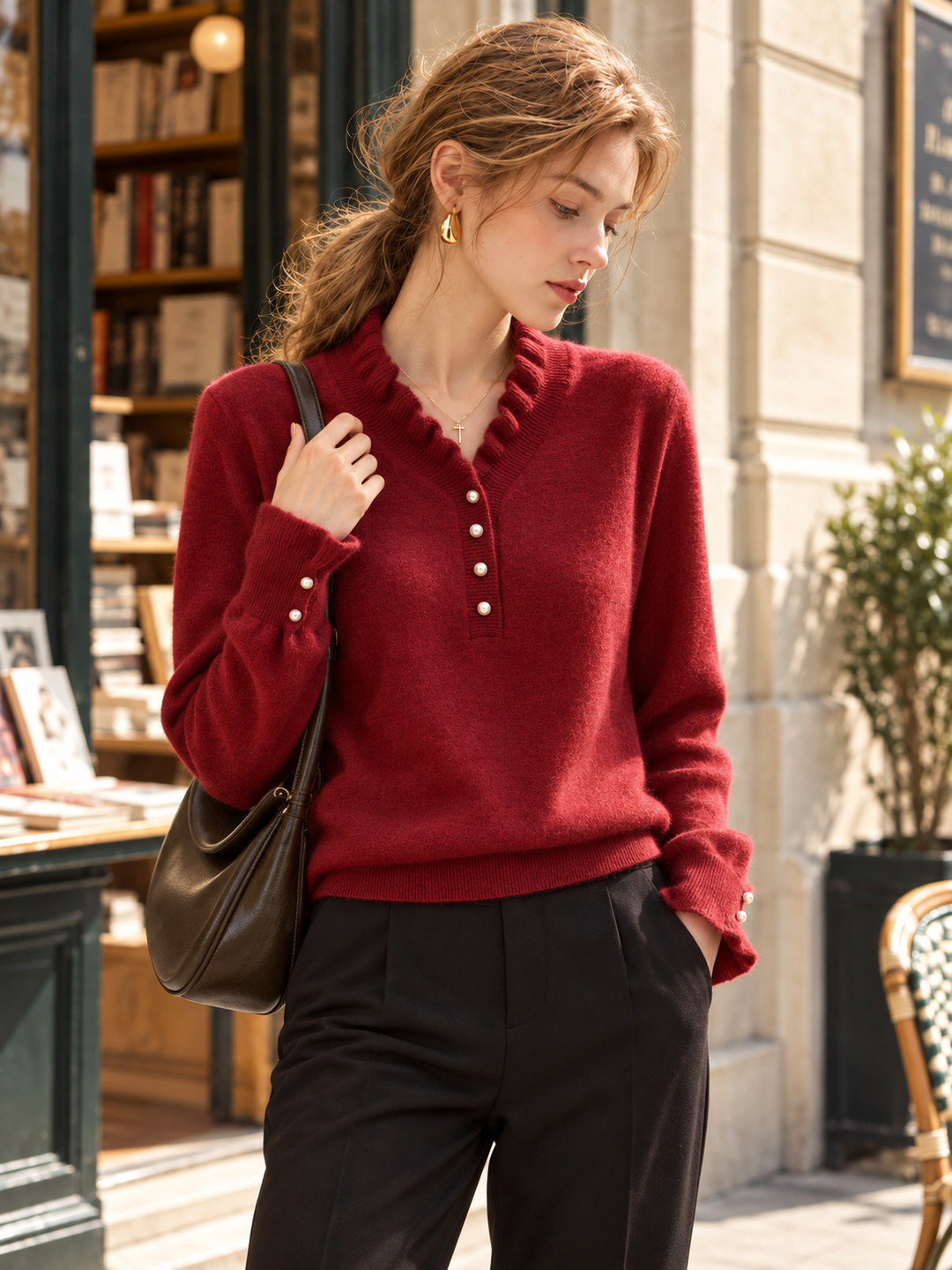 V-neck Beaded Knit Base Layer Top