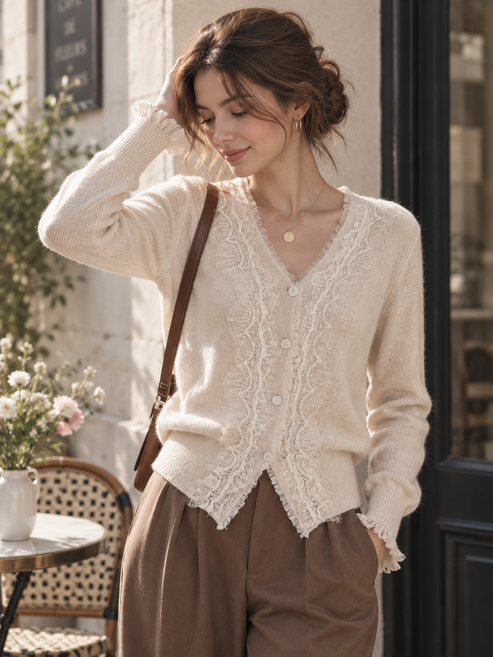 V-neck Lace-trimmed Knit Cardigan