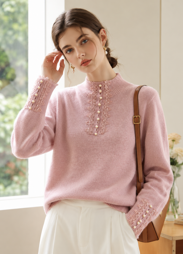 Mock-neck Lace And Pearl Knit Top