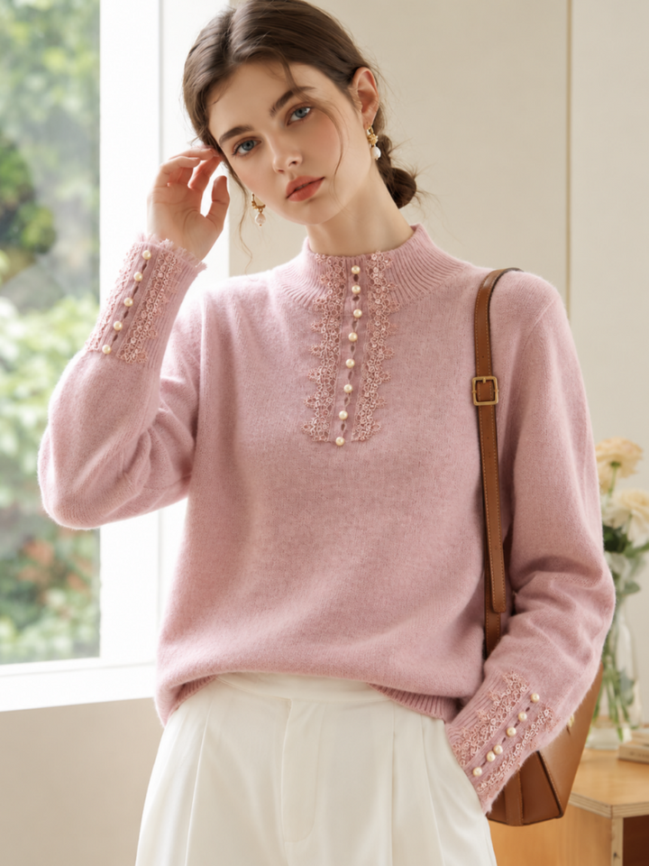 Mock-neck Lace And Pearl Knit Top