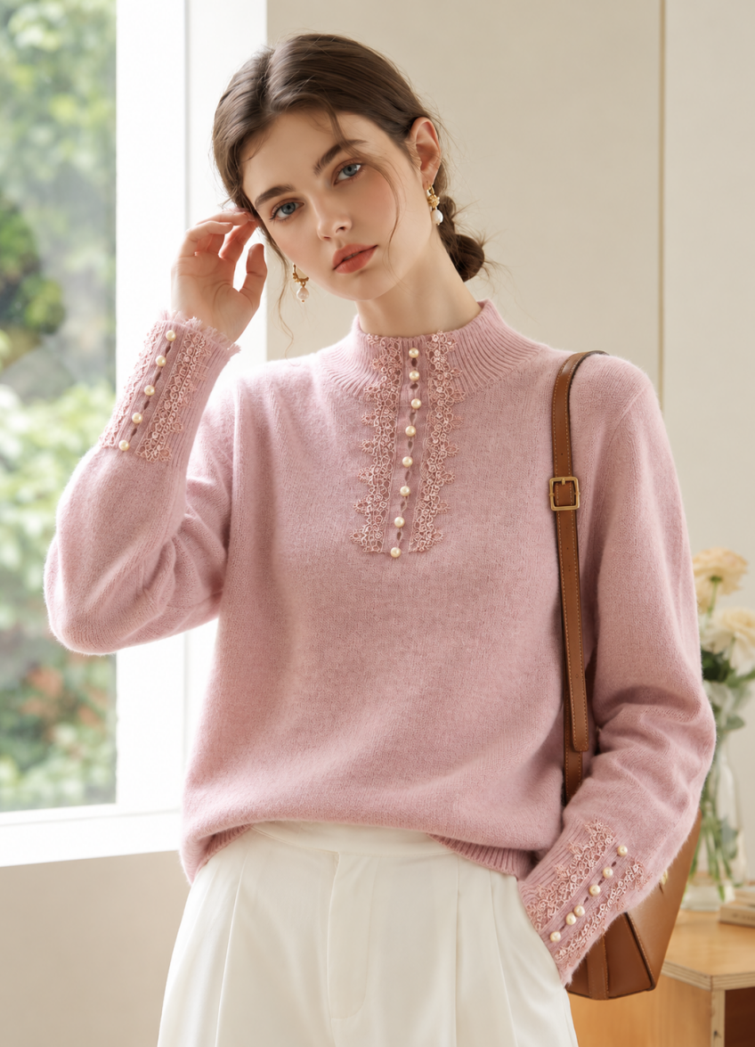 Mock-neck Lace And Pearl Knit Top