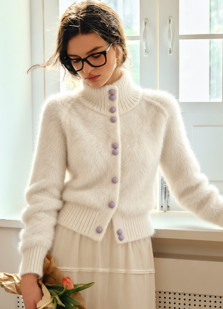 High-neck Long-sleeved Knit Cardigan