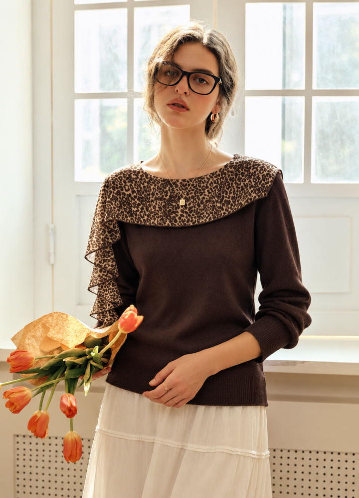 Leopard-print Panelled Crew-neck Knit Top
