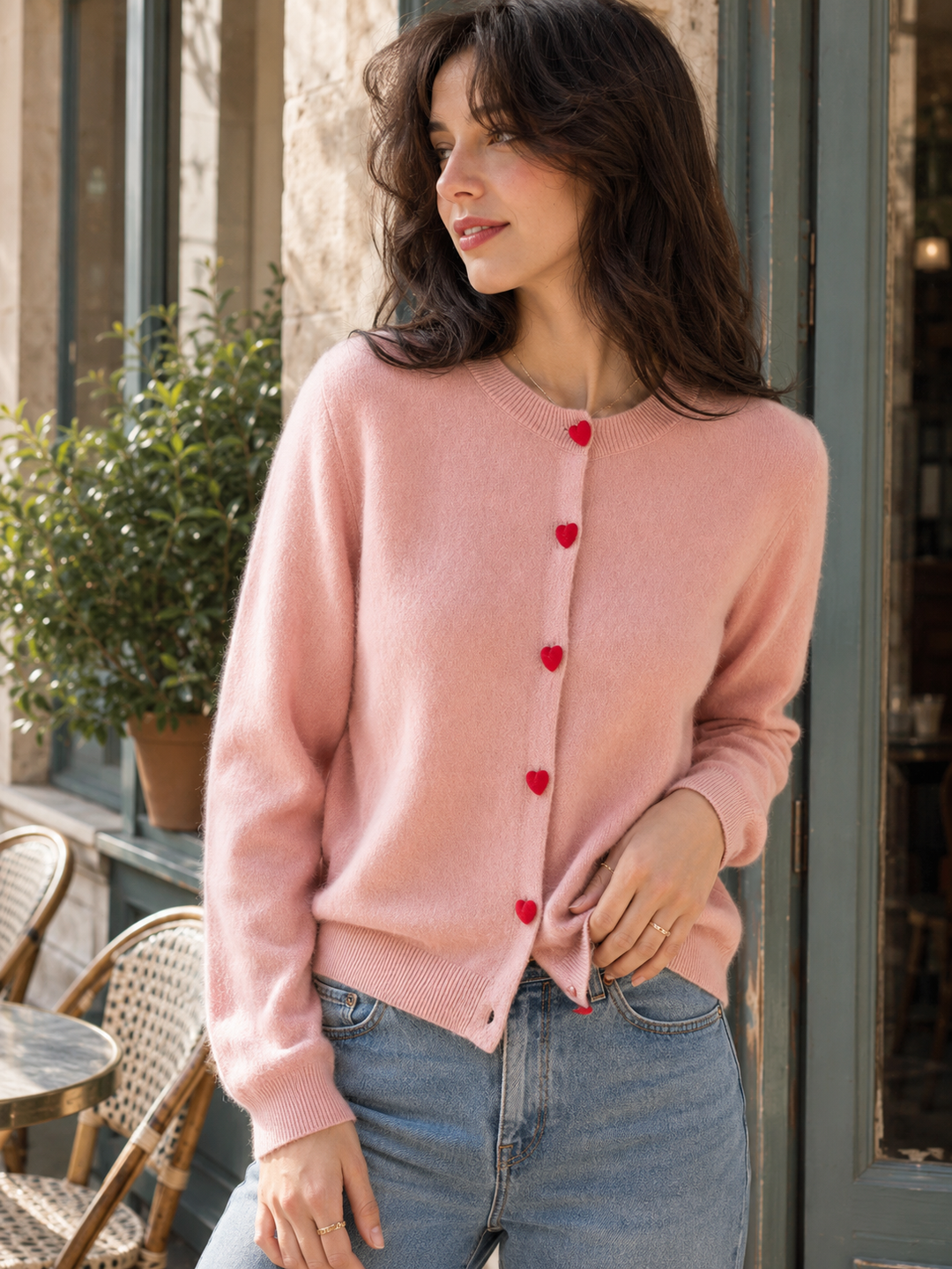 Raya Elegant Crew Neck Heart Button Knitted Cardigan-Pink