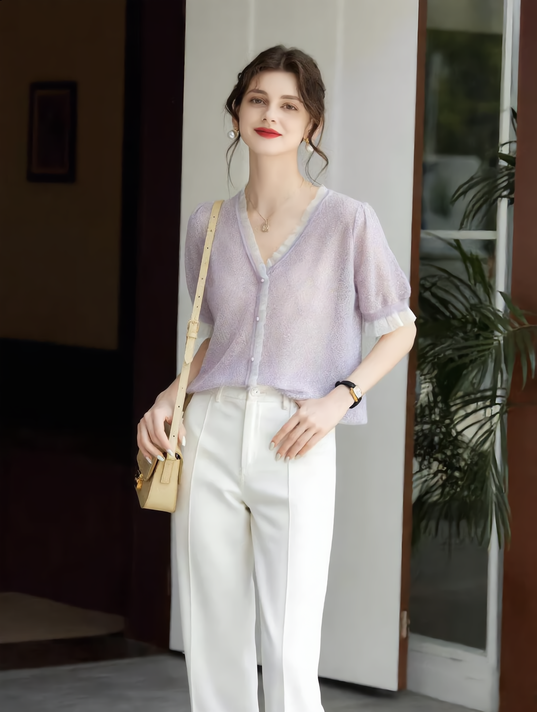 Kayla Elegant V-neck Auricular Knitted Sweater-Purple
