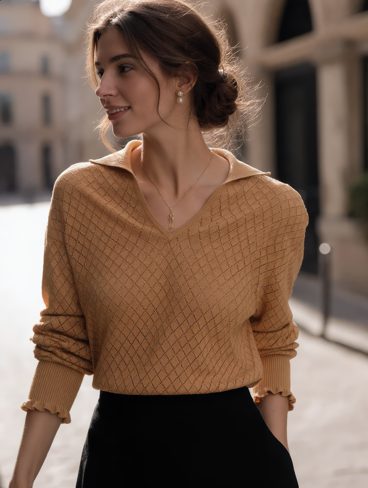 Ashley Classic V-Neck Hollow Solid Color Knitted Top