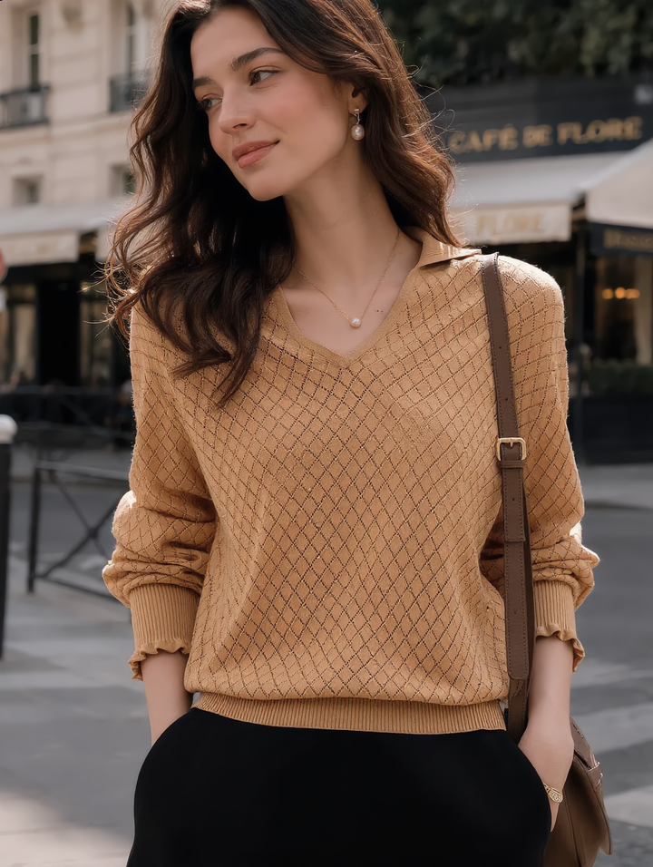 Ashley Classic V-Neck Hollow Solid Color Knitted Top