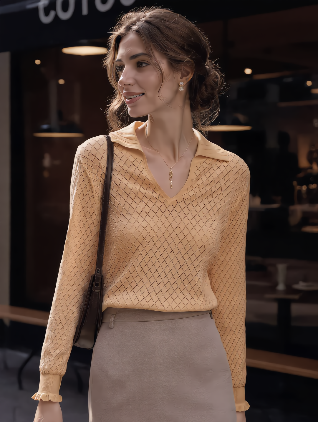 Ashley Classic V-Neck Hollow Solid Color Knitted Top