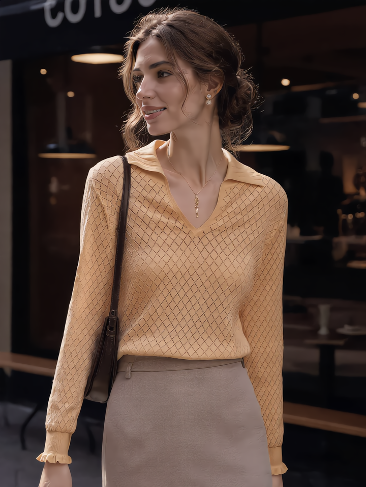 Ashley Classic V-Neck Hollow Solid Color Knitted Top