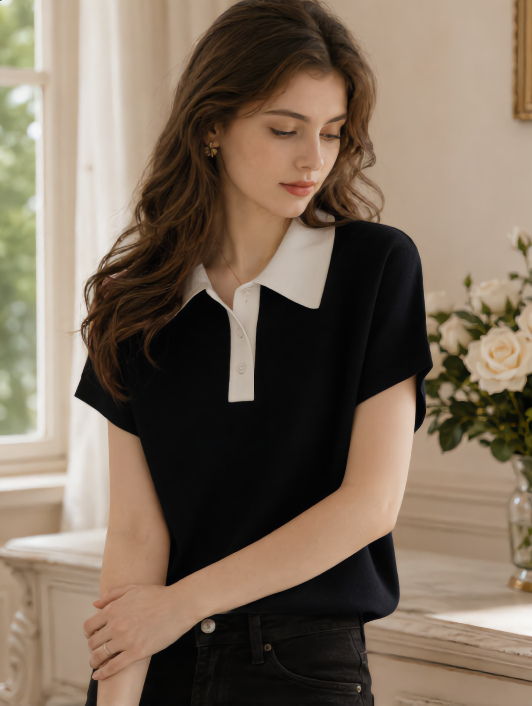 Amelia Casual Lapel Contrasting Knitted Top
