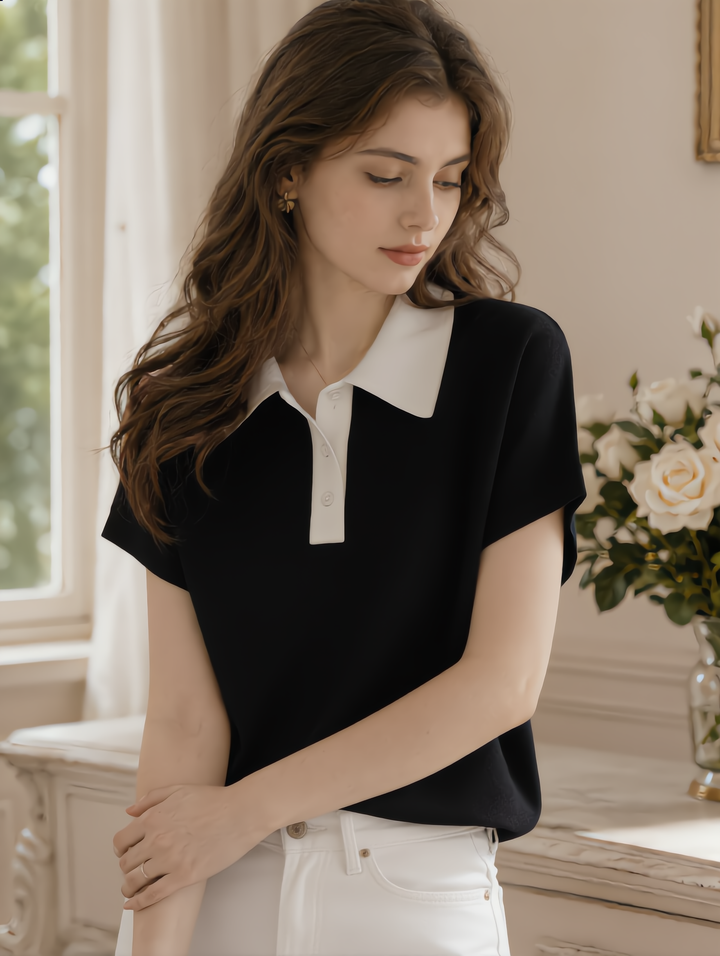 Amelia Casual Lapel Contrasting Knitted Top