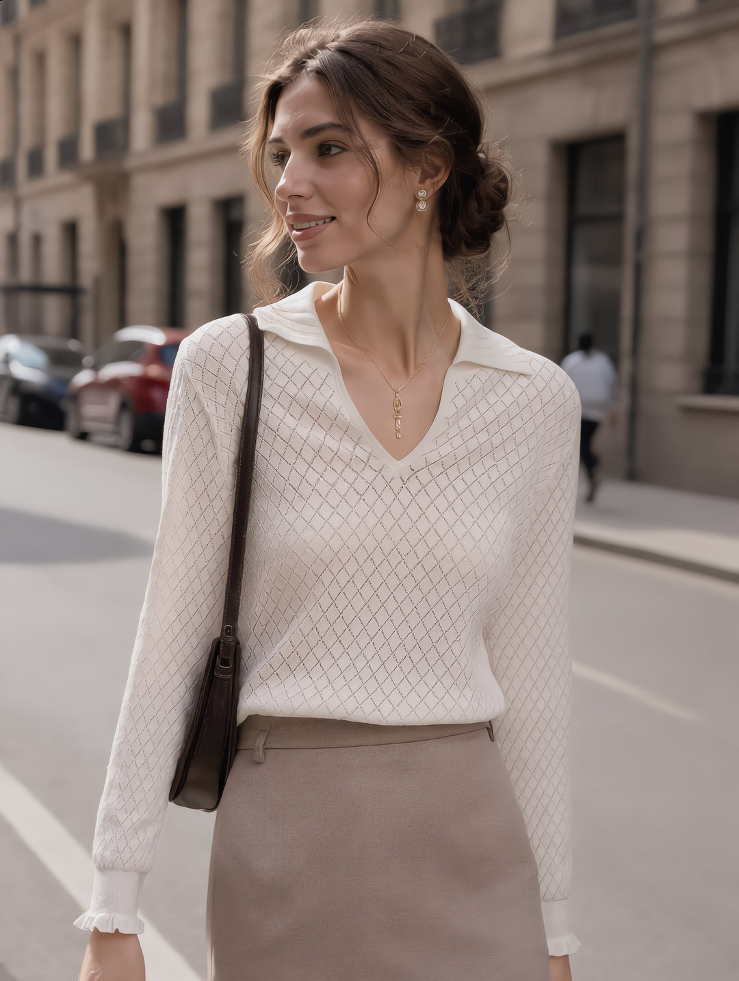 Ashley Classic V-Neck Hollow Solid Color Knitted Top