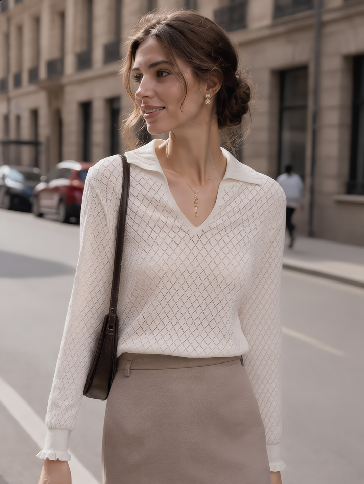 Ashley Classic V-Neck Hollow Solid Color Knitted Top