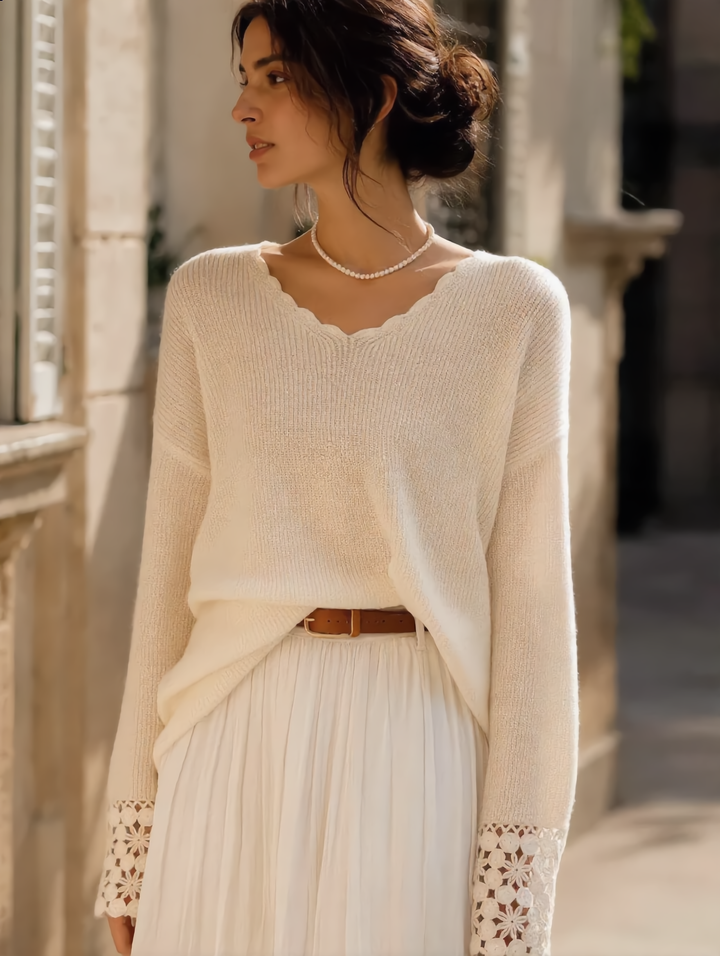 Chloe Retro Hollowed Loose Knitted Pullover Sweater-White