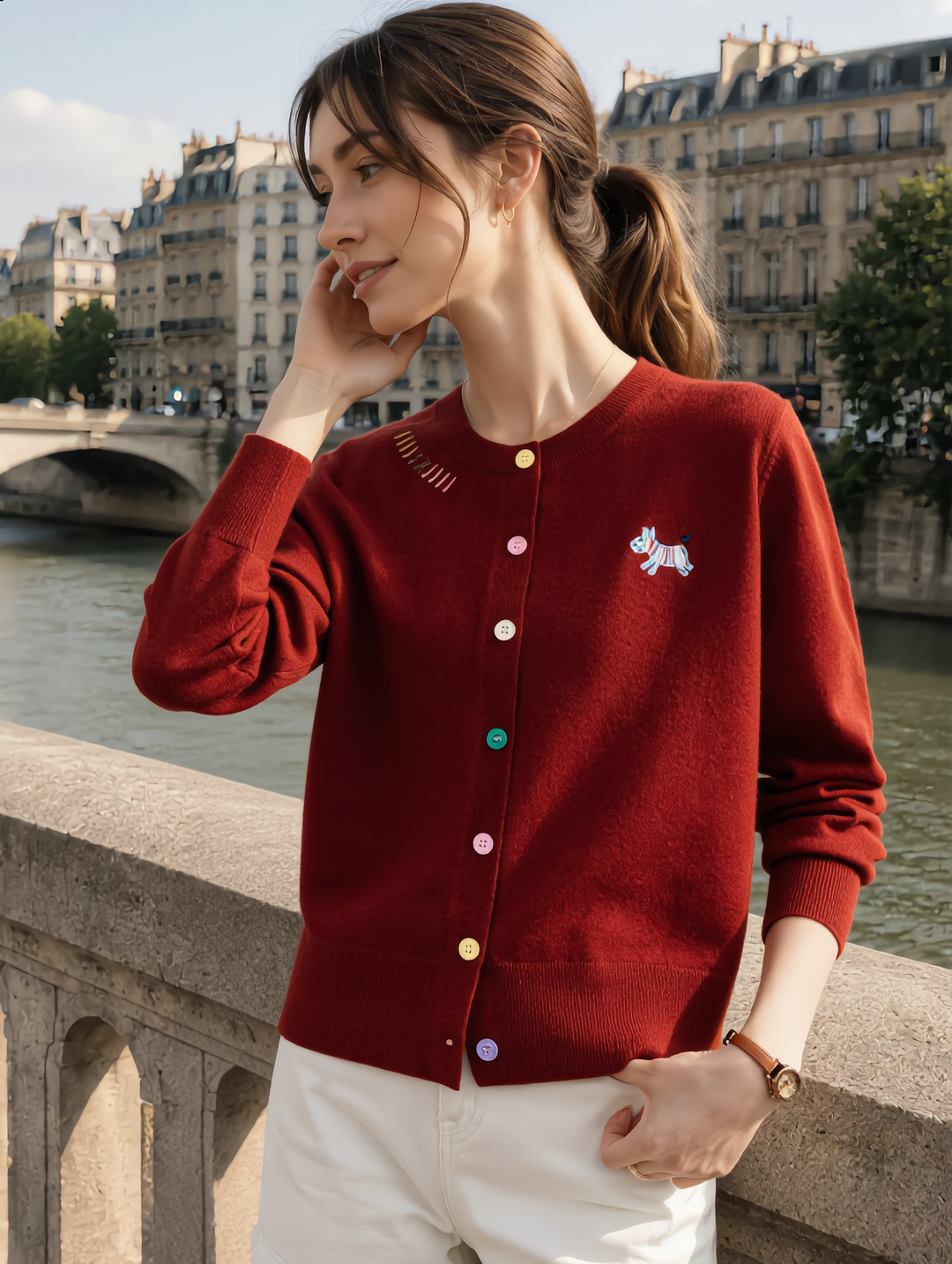 Camila Loose Embroidered Colorful Buttons Knitted Cardigan