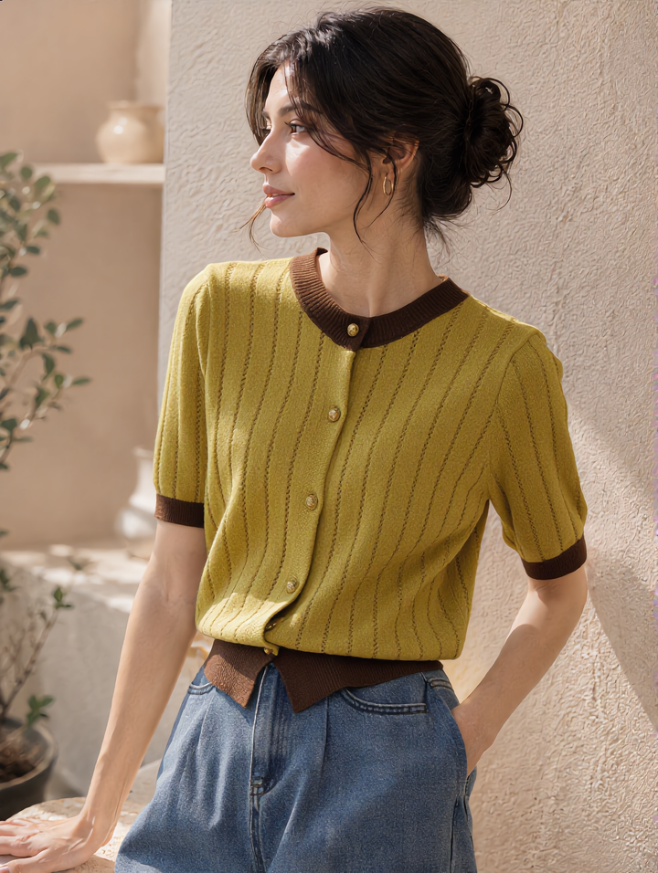 Anna Crew Neck Hollowed Color Block Knitted Cardigan