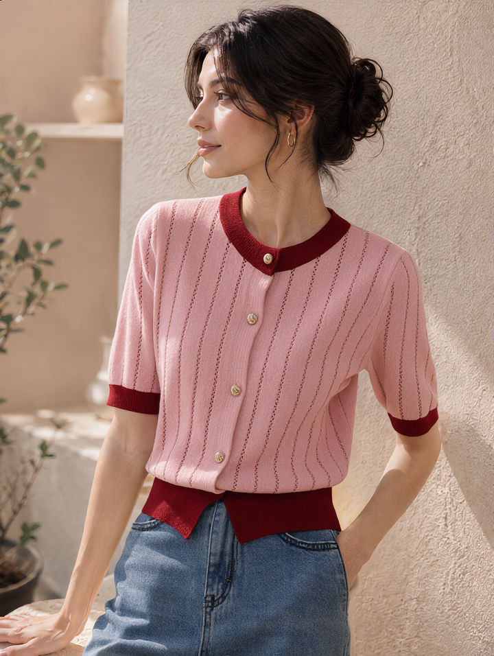 Anna Crew Neck Hollowed Color Block Knitted Cardigan
