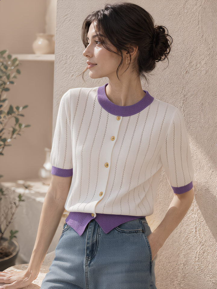 Anna Crew Neck Hollowed Color Block Knitted Cardigan