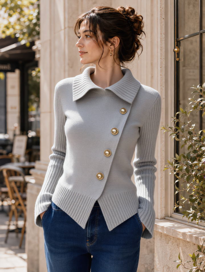 Lauren Classic Lapel Diagonal Buttons Knitted Sweater