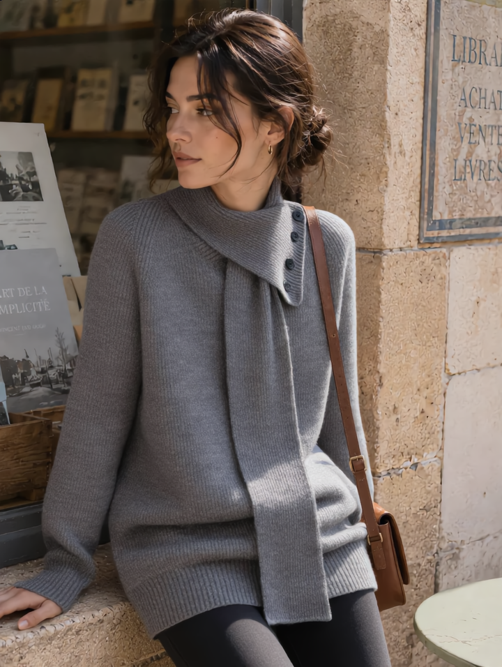 Maya Daily Button Scarf Solid Color Knitted Sweater