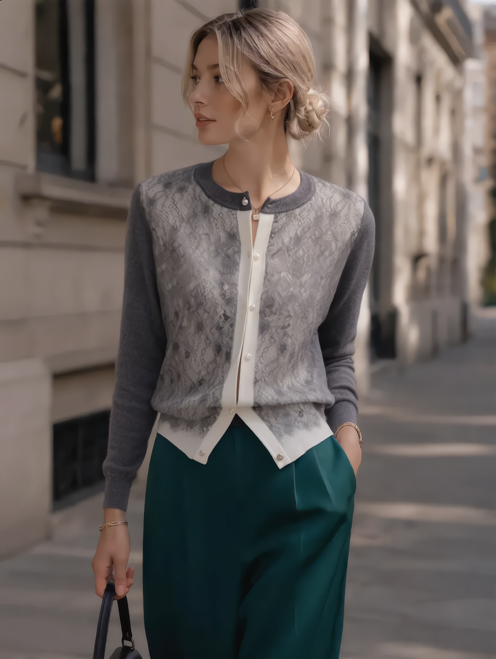 Abigail Classic Lace Paneled Jacquard Knitted Cardigan