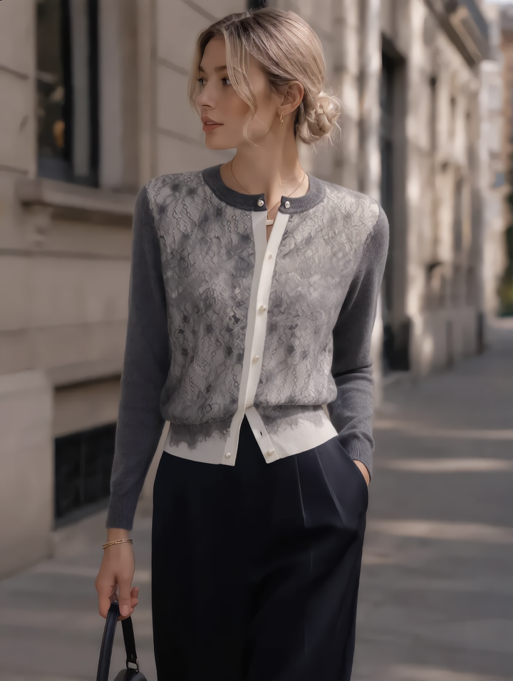 Abigail Classic Lace Paneled Jacquard Knitted Cardigan
