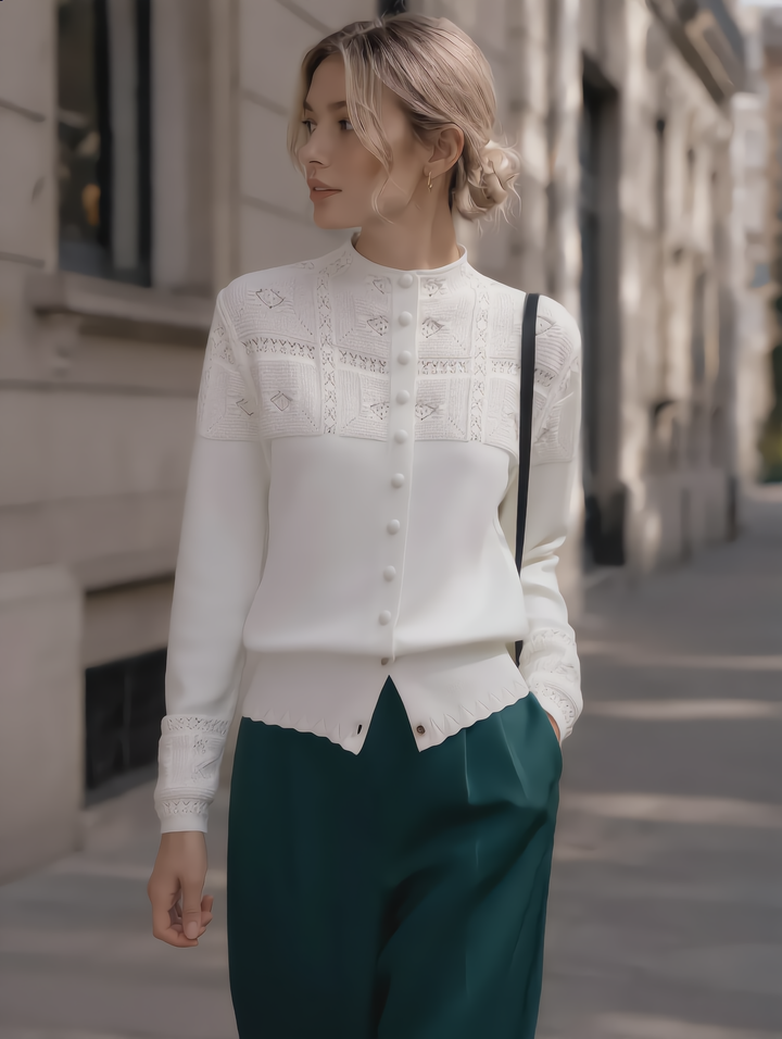 Openwork Crochet Mock-neck Knit Cardigan