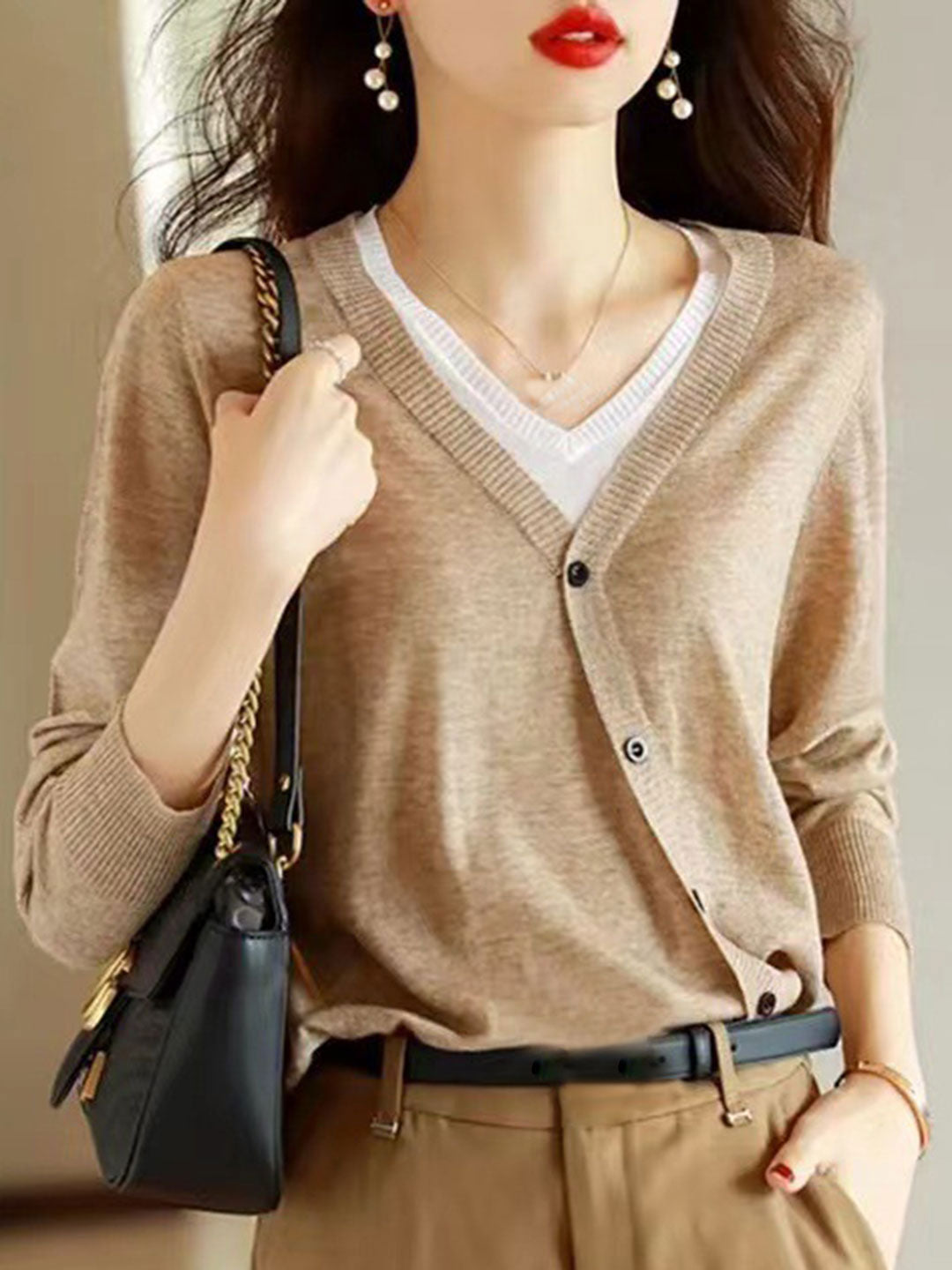 Dolores French Style V-Neck Contrasting Color Cardigan