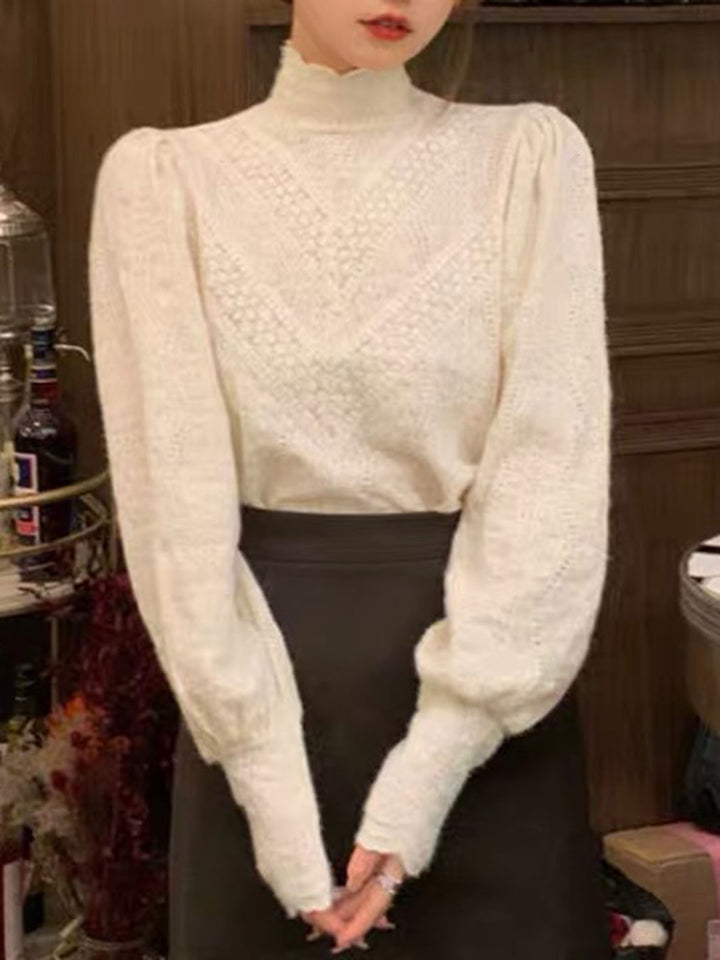 Kay Retro Style Lace Stand Collar Lantern Sleeves Top