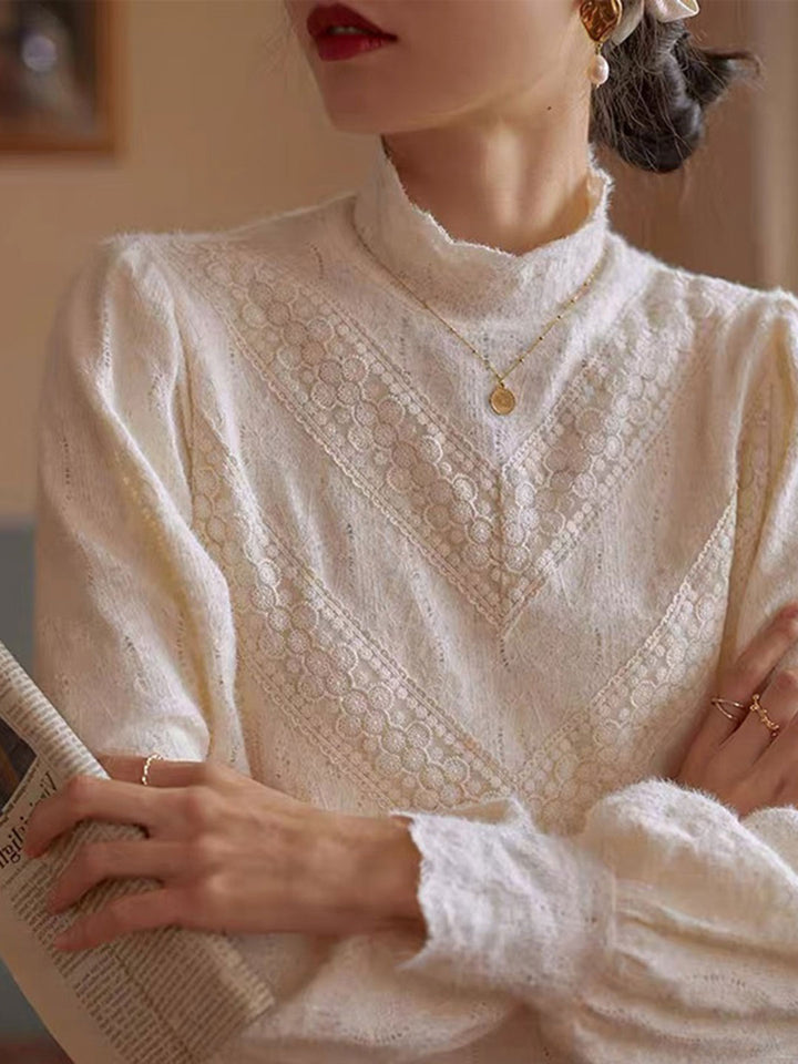 Kay Retro Style Lace Stand Collar Lantern Sleeves Top