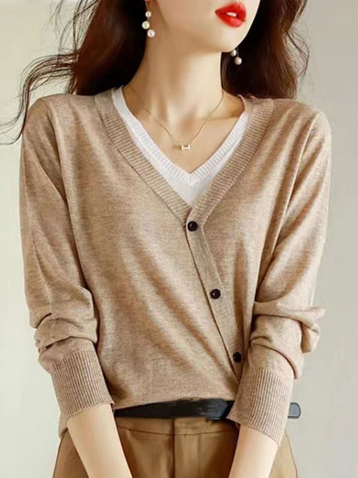 Dolores French Style V-Neck Contrasting Color Cardigan