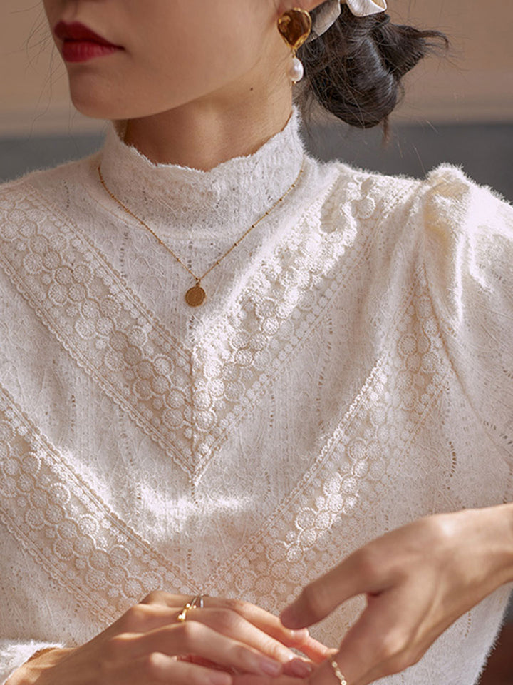 Kay Retro Style Lace Stand Collar Lantern Sleeves Top