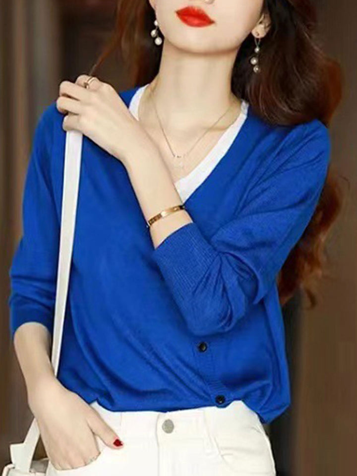 Dolores French Style V-Neck Contrasting Color Cardigan