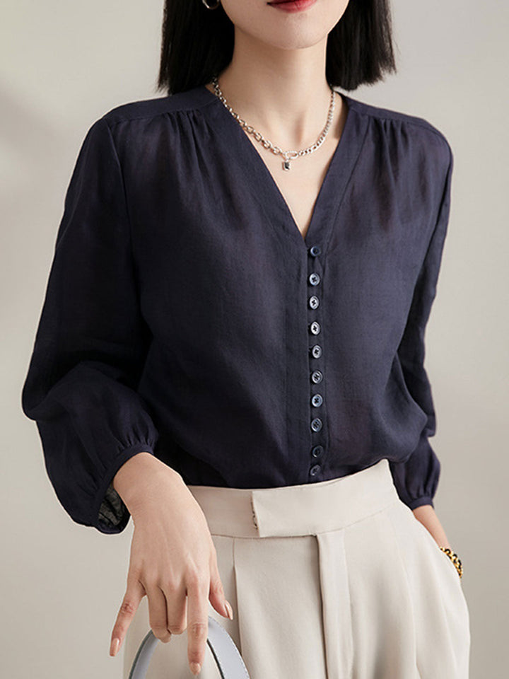 Molly Elegant Puff Sleeve Loose Shirt-Green