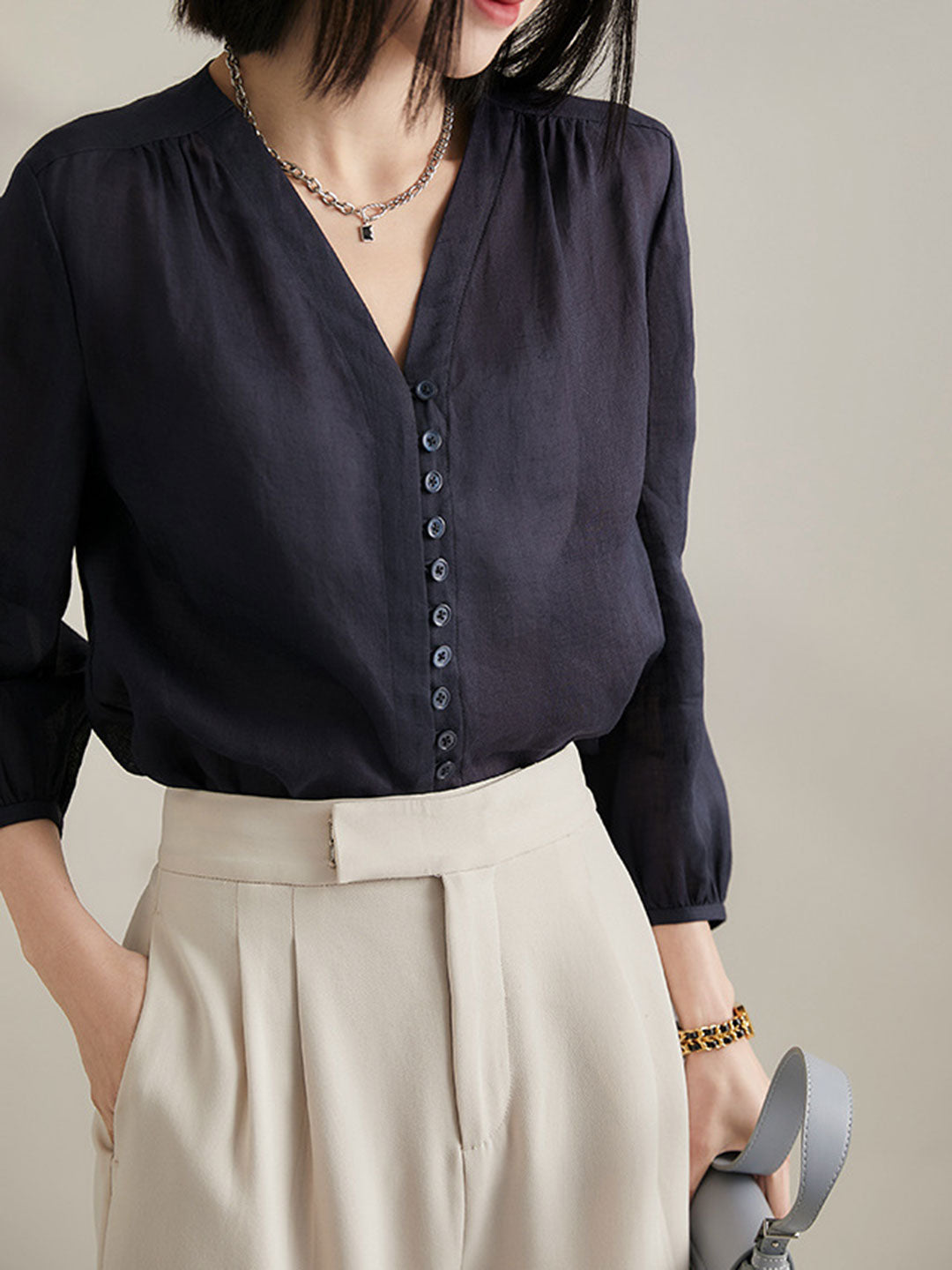 Molly Elegant Puff Sleeve Loose Shirt-Green