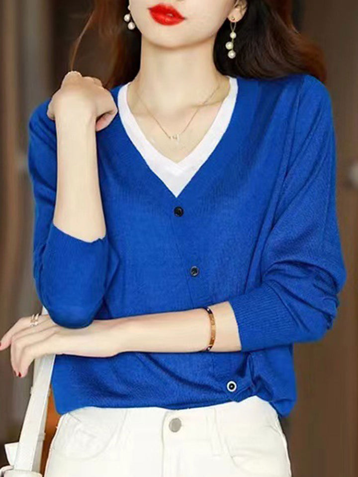 Dolores French Style V-Neck Contrasting Color Cardigan