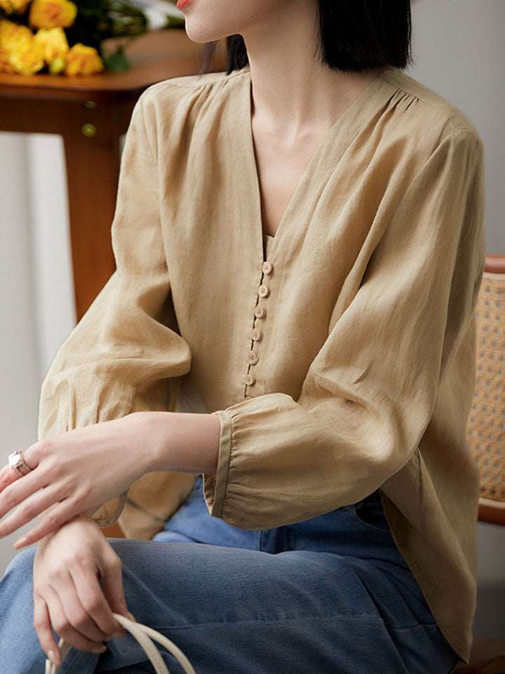 Molly Elegant Puff Sleeve Loose Shirt-Green