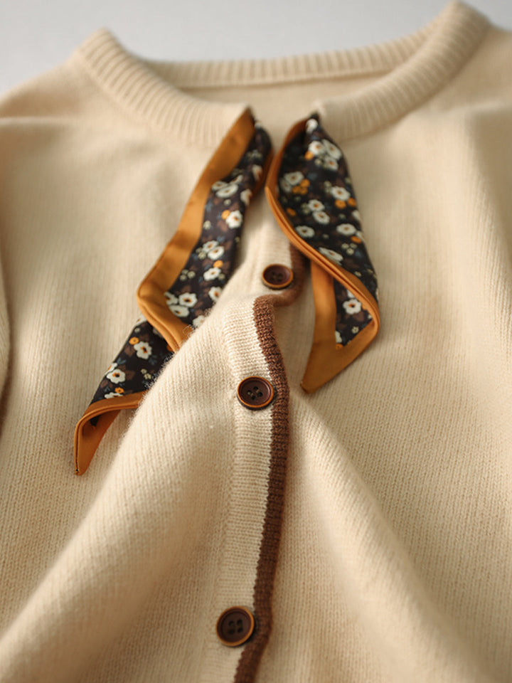 Aurora Vintage Crew Neck Cotton knitted Cardigan-Apricot