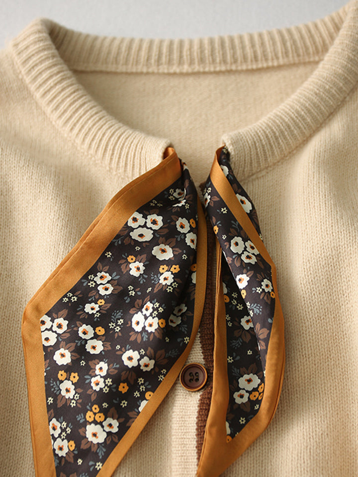 Aurora Vintage Crew Neck Cotton knitted Cardigan-Apricot