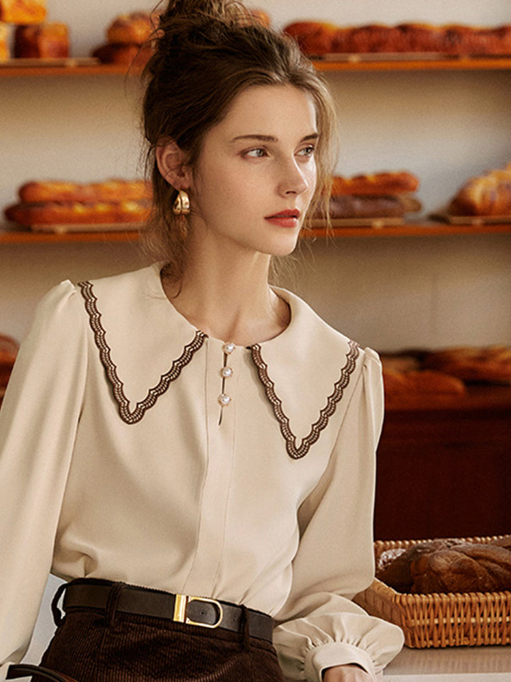 Lauren French Style Embroidered Doll collar Chiffon Blouse