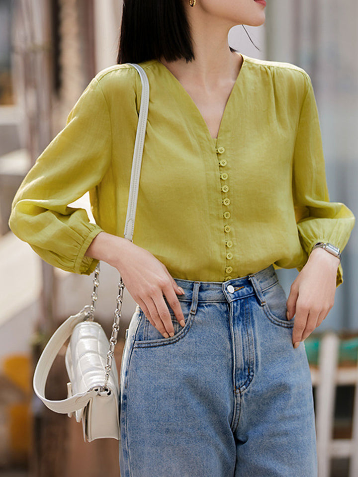 Molly Elegant Puff Sleeve Loose Shirt-Green